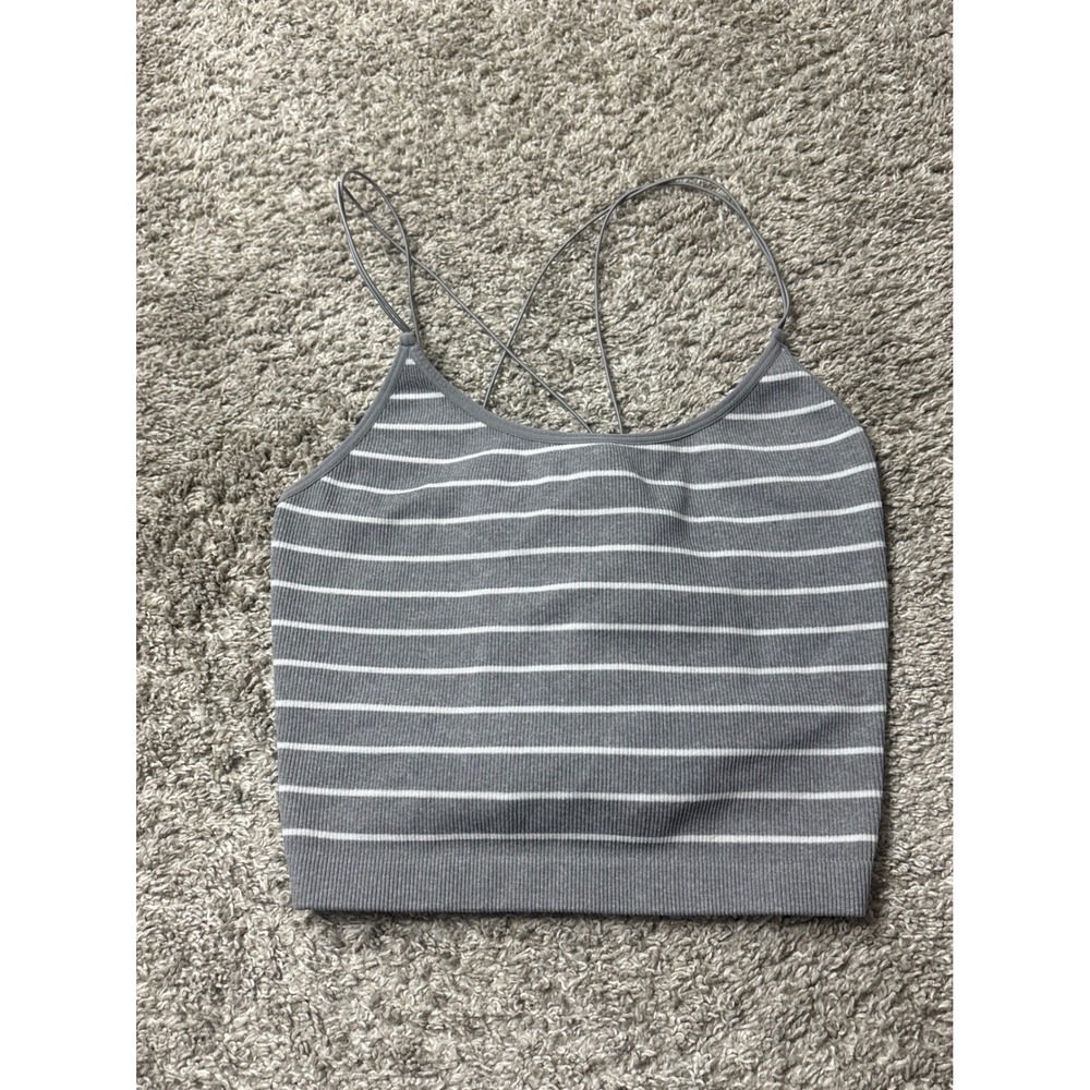 No Boundaries Grey White Striped Ribbed Cami Crop Top XL/XG Strappy Back